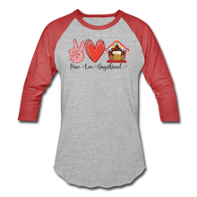 Load image into Gallery viewer, Peace Love Gingerbread Baseball T-Shirt - heather gray/red