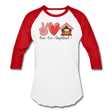 Load image into Gallery viewer, Peace Love Gingerbread Baseball T-Shirt - white/red