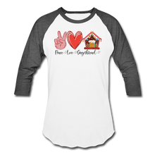 Load image into Gallery viewer, Peace Love Gingerbread Baseball T-Shirt - white/charcoal