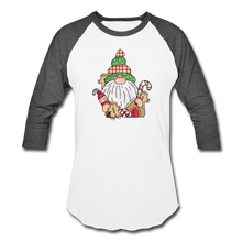 Load image into Gallery viewer, Gnome Loves Gingerbread Baseball T-Shirt - white/charcoal