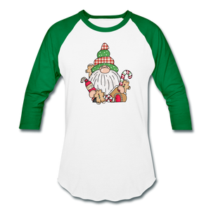 Gnome Loves Gingerbread Baseball T-Shirt - white/kelly green